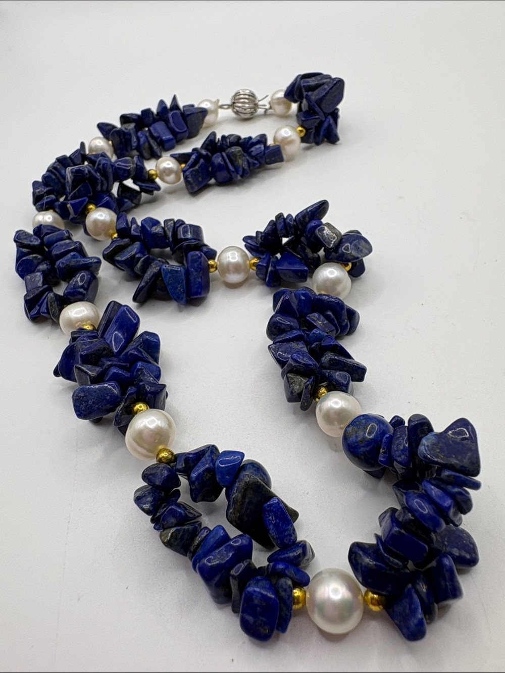 18kt Gold Plated & Lapis Chip Pearl Necklace in Deep Blue with Gold Accents 18” - Picture 9 of 9